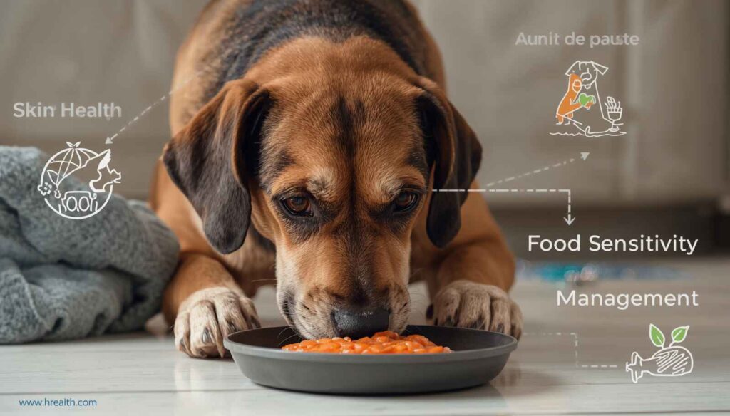 Healthy dog eating a salmon-based meal with skin and coat health illustrations