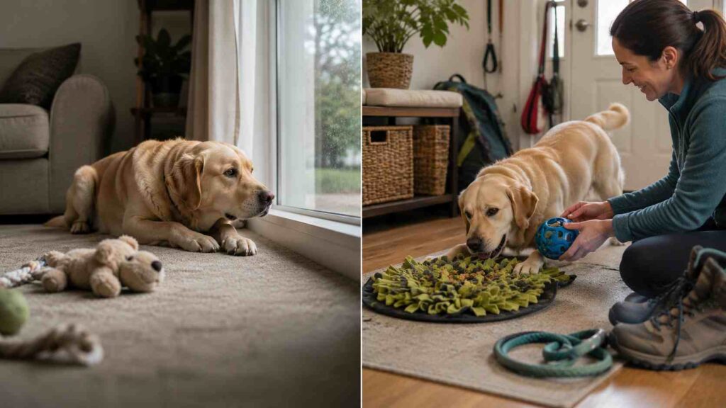 Comparison of a bored dog resting alone and the same dog receiving exercise and mental enrichment from its owner.