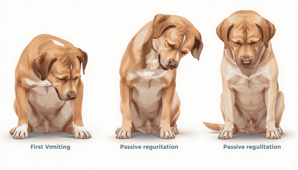 Comparison of vomiting, regurgitation, and unproductive retching in dogs with different body postures and digestive signs.