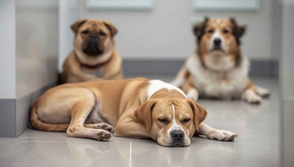 Coughing dog resting separately from healthy dogs to reduce respiratory disease spread