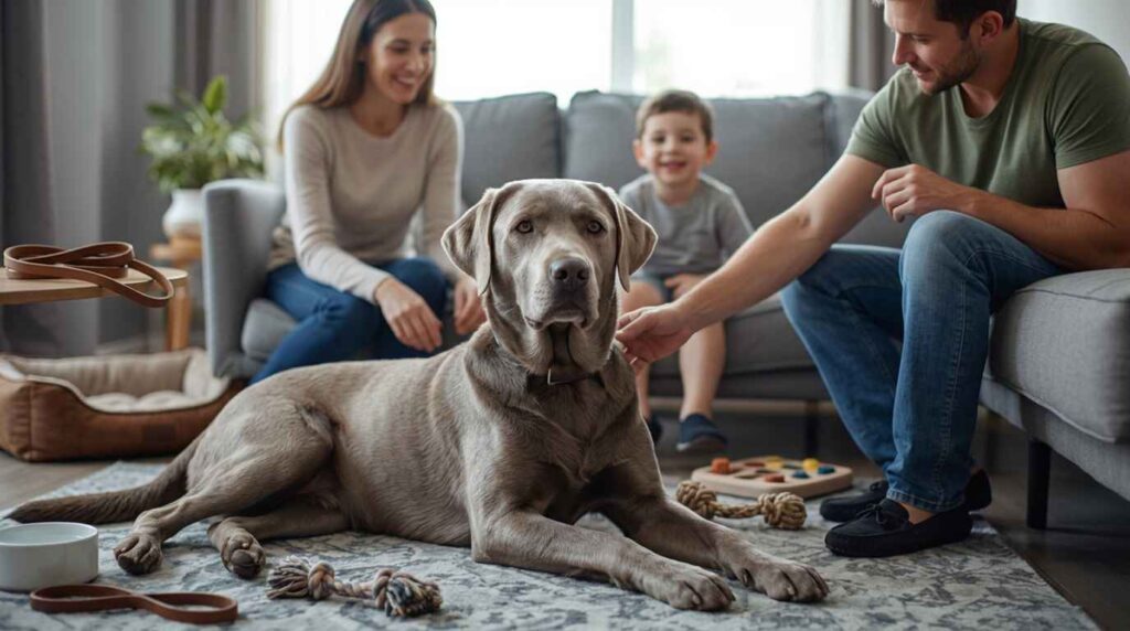Silver Labrador relaxing with a family during supervised interaction in a living room