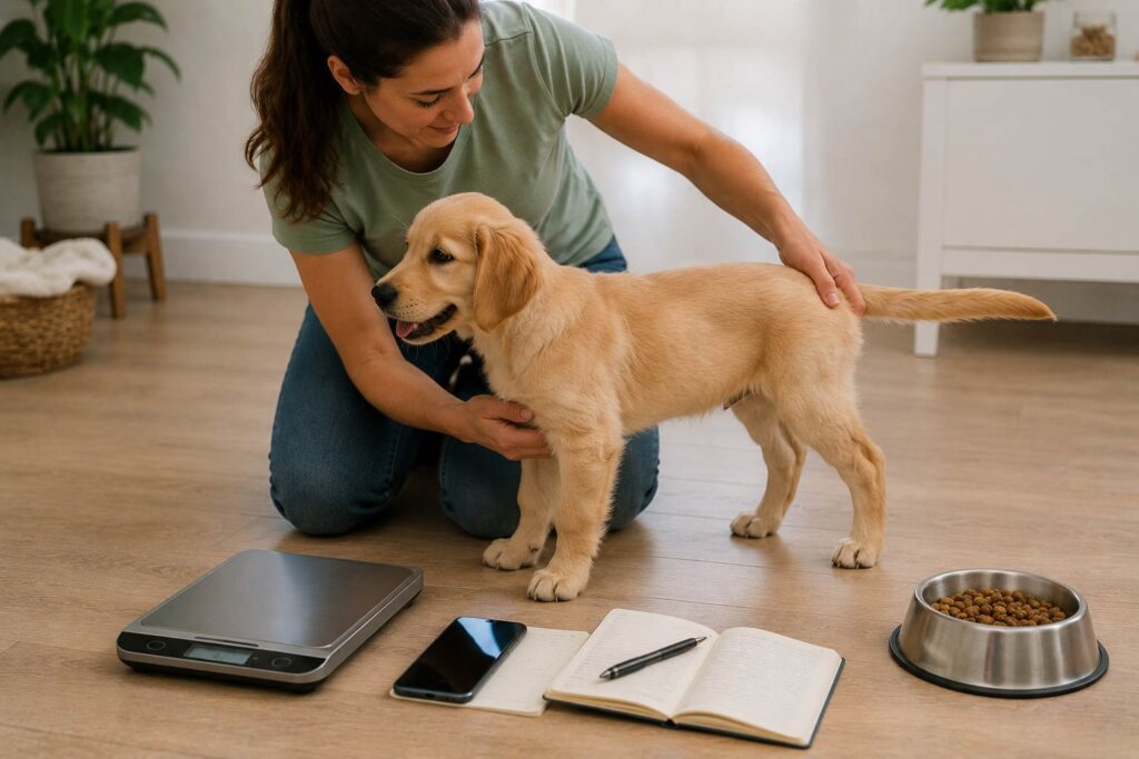 Owner monitoring a healthy puppy’s weight and body condition beside a measured food bowl