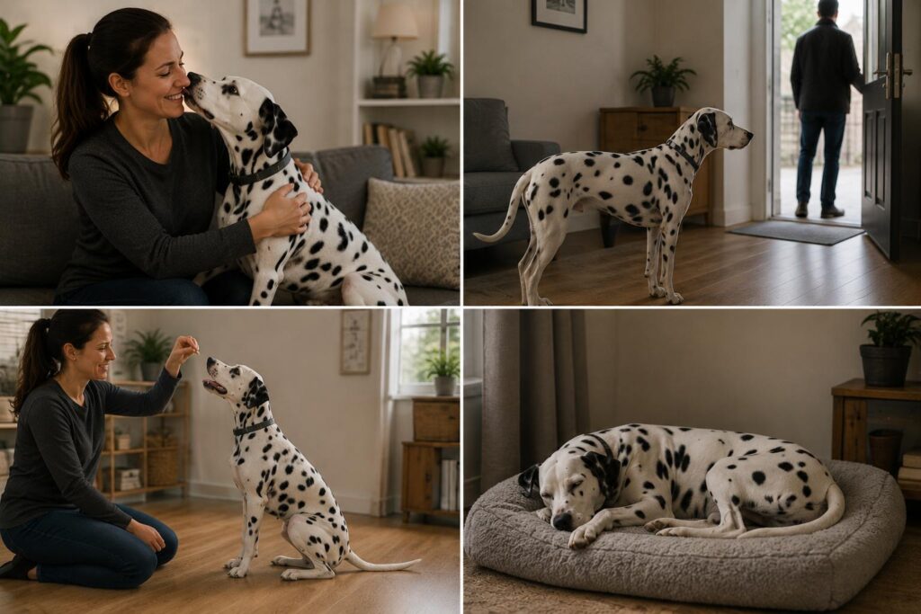 Adult Dalmatian showing affectionate, alert, trainable, and relaxed behaviour in everyday situations
