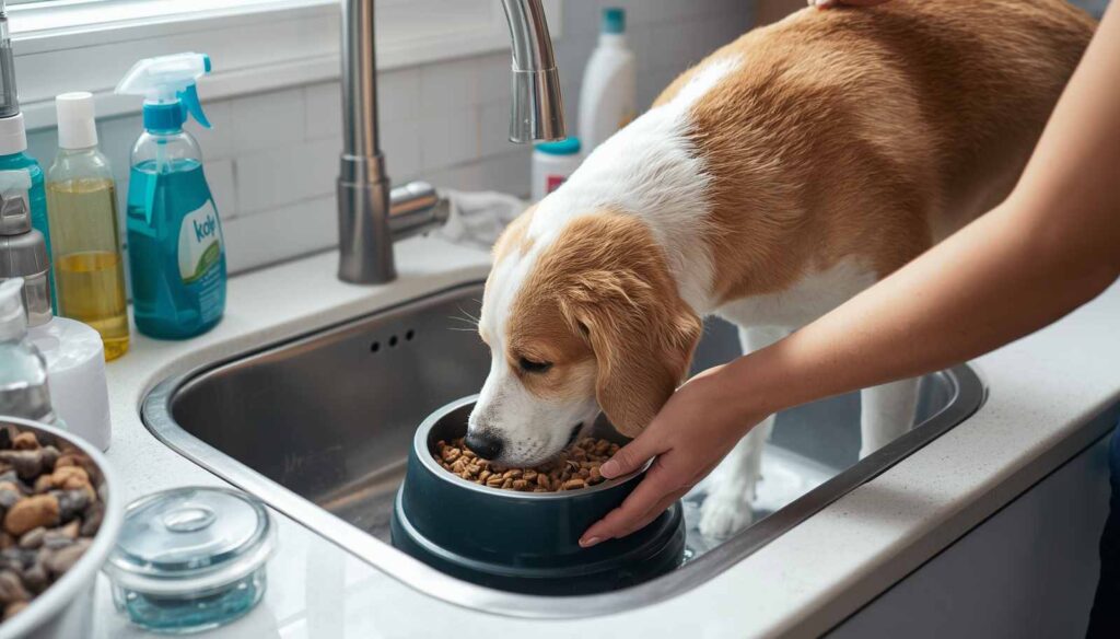 Dog owner washing a slow feeder bowl in a kitchen sink with pet-safe cleaning supplies