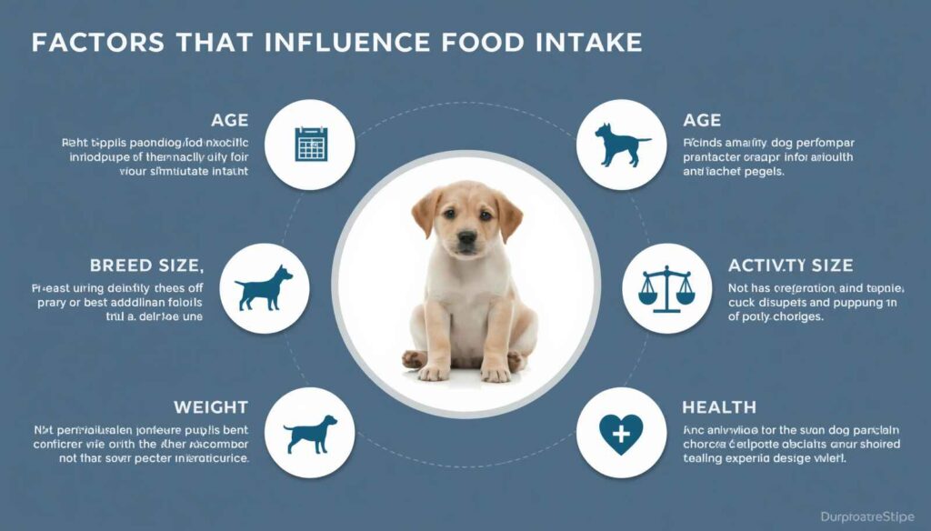 Educational infographic showing factors that influence puppy feeding amounts