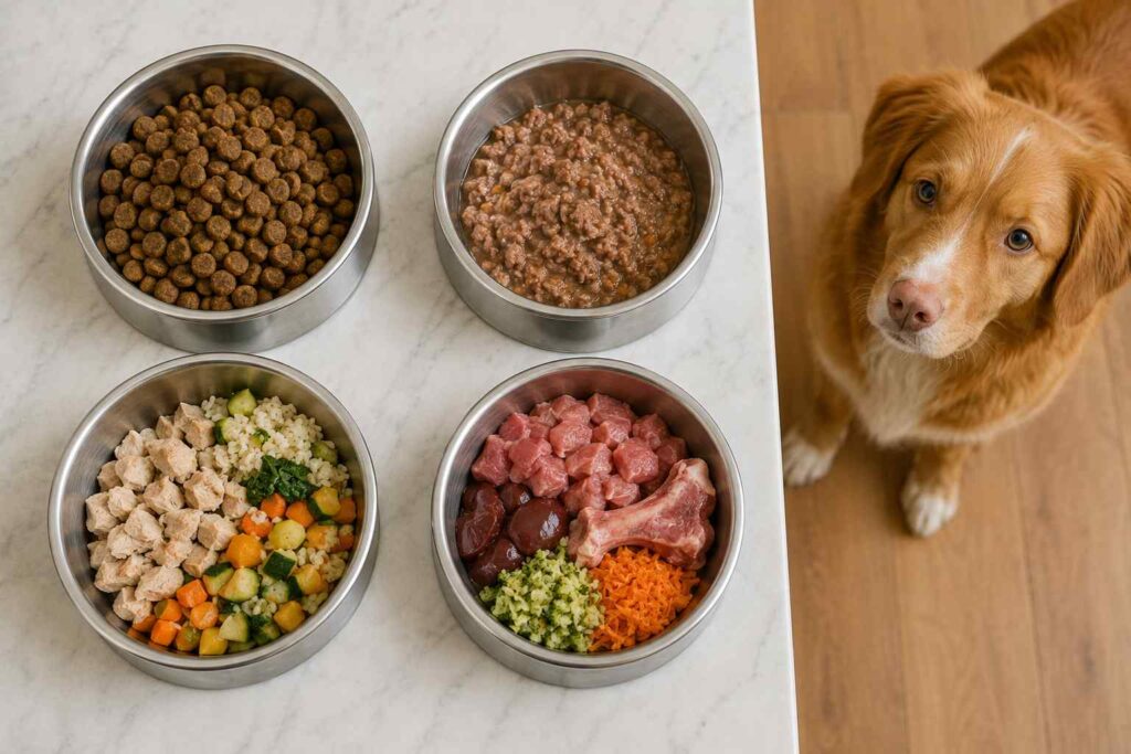 Bowls of kibble, wet, fresh, and raw dog food showing differences in texture, moisture, and physical form.