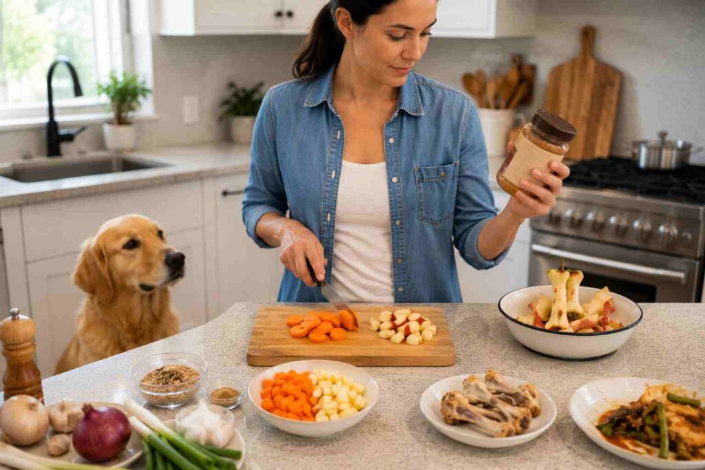 Dog owner preparing bite-sized carrot and apple pieces while checking a food label in the kitchen.