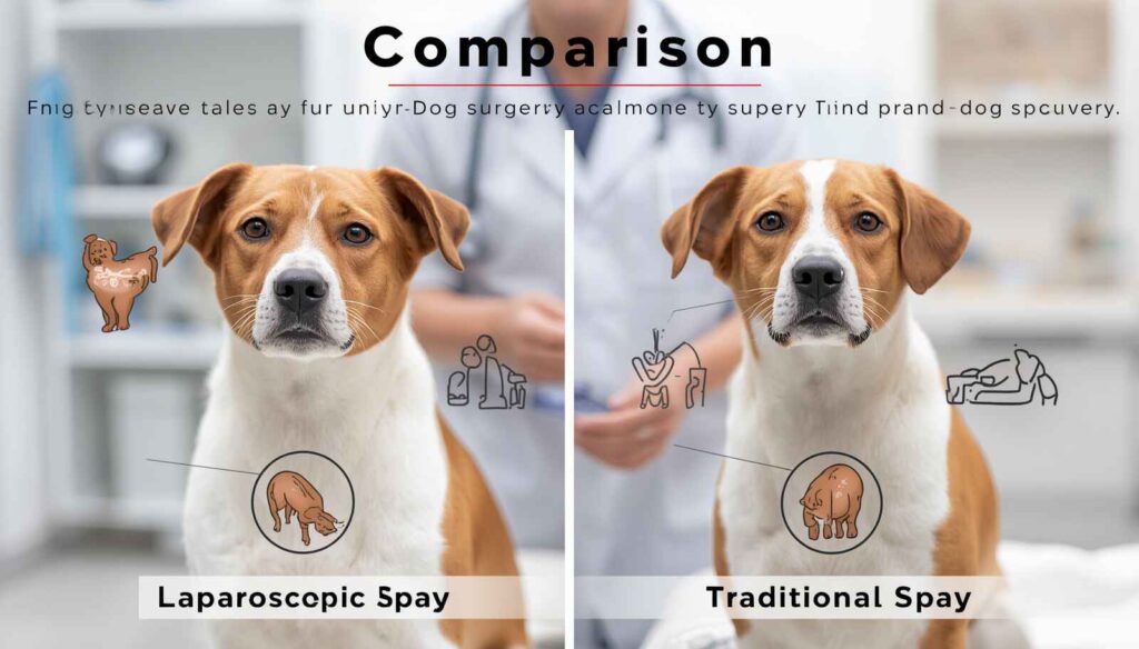Comparison image showing laparoscopic spay and traditional spay surgery options for dogs