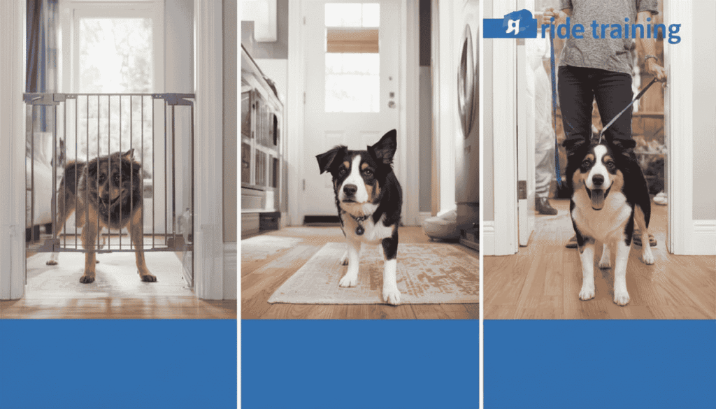 Dog safely managed with a leash or baby gate while guests enter the home