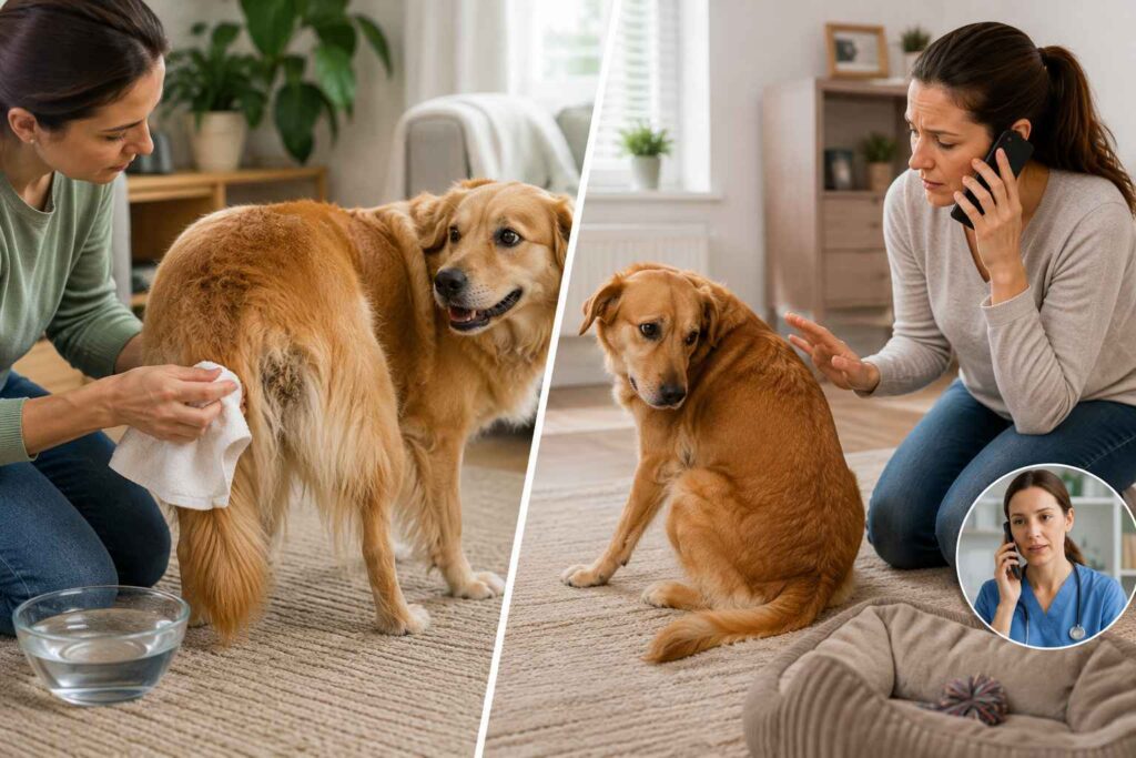 Owner comparing gentle home care with veterinary help for a dog that is scooting