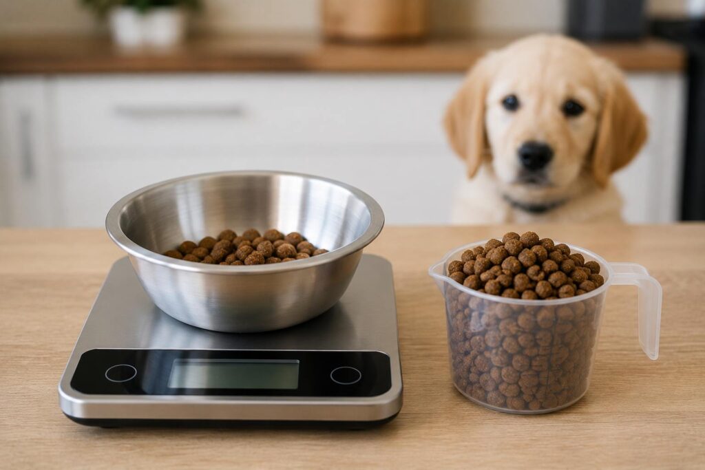 How much food should a puppy eat measured accurately in grams using a digital kitchen scale