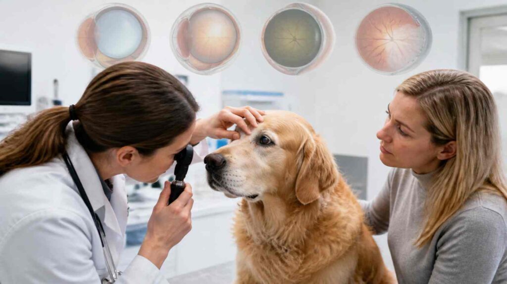 Veterinarian performing a professional eye examination on a senior dog to evaluate possible causes of nighttime vision loss.