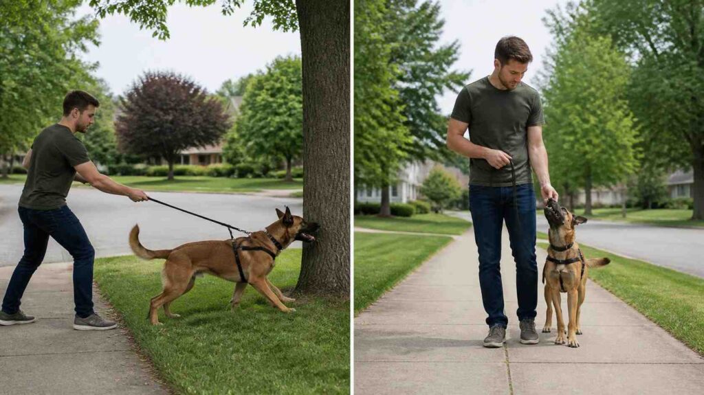 Side-by-side comparison of common leash training mistakes versus correct reward-based handling during a dog walk.