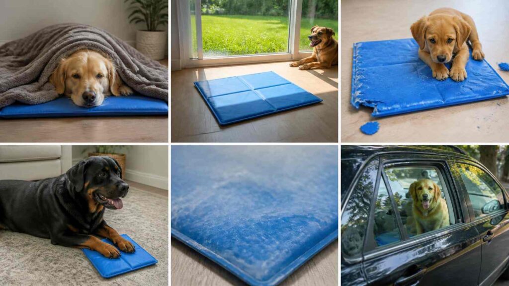 Common mistakes when using a pet cooling mat, including placing it in direct sunlight, covering it with blankets, using a damaged mat, and leaving a dog in a parked car.