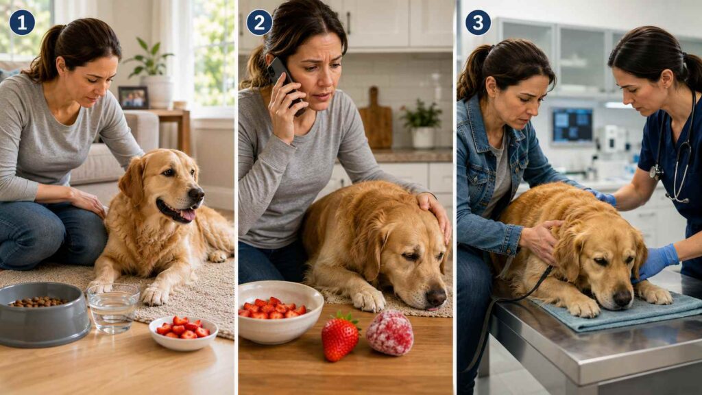 Dog owner deciding whether strawberry ingestion requires veterinary attention