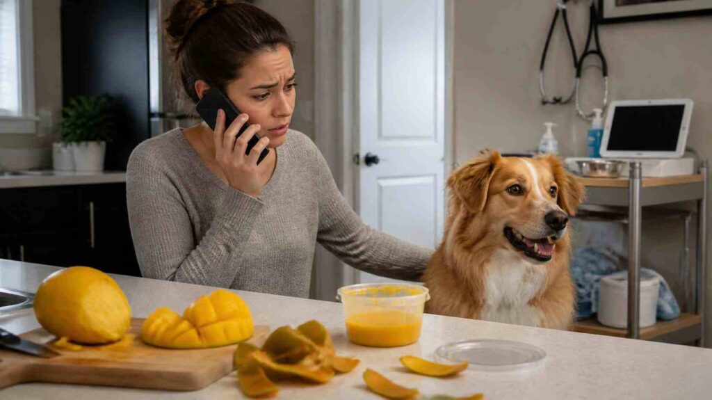 Dog owner contacting a veterinarian after a dog accidentally ate mango and a missing mango stone.