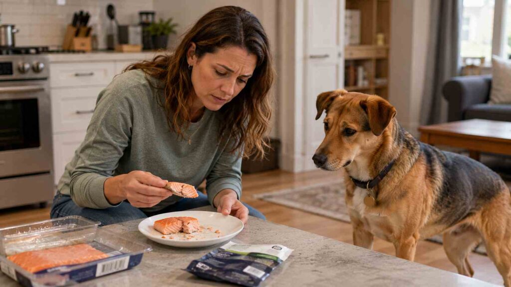 Dog owner checking a partially eaten salmon plate and food packaging after the dog ate some salmon