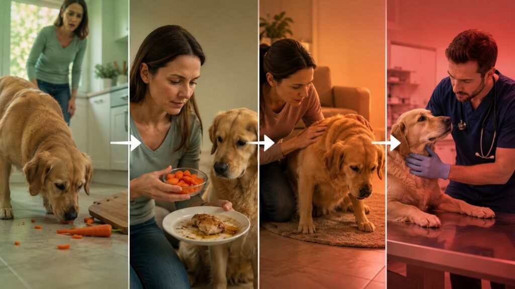 Dog owner checking a pet after eating carrots while a veterinarian examines warning signs.