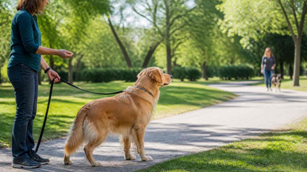 Dog refusing a high-value treat while focusing on another dog during leash training in a quiet park, showing over-arousal and the need for greater distance from distractions.