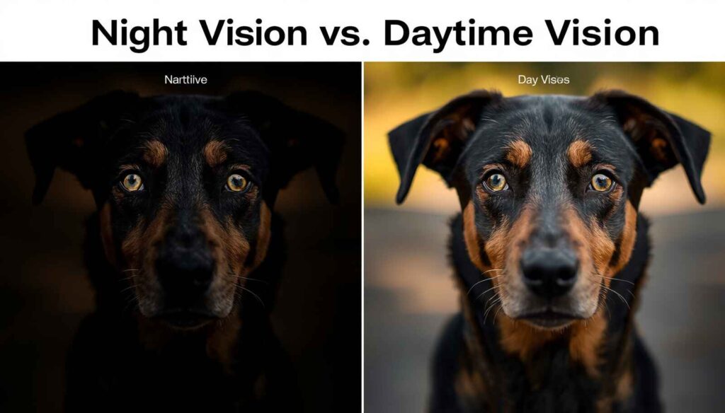 Comparison of a dog's vision during daytime and nighttime conditions