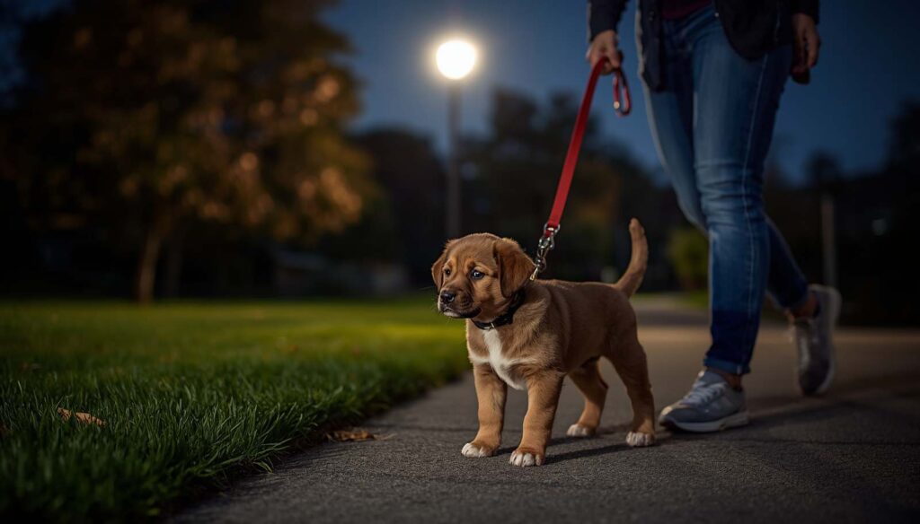 Puppy being taken outside for a nighttime potty break by its owner
