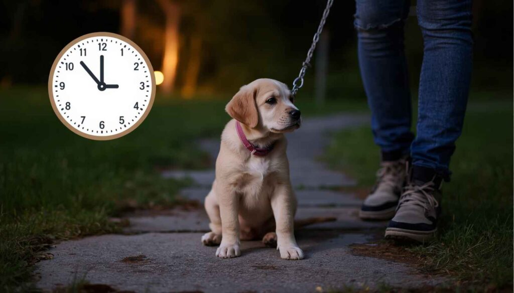 Puppy being taken outside for a nighttime potty break by its owner