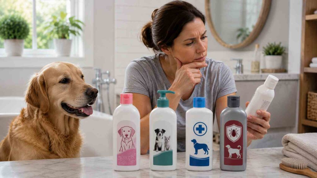 Dog owner comparing grooming, medicated, dual-species, and flea and tick pet shampoos.
