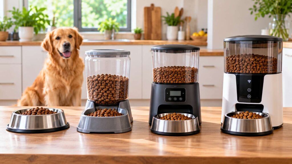 Traditional dog bowl, gravity feeder, programmable timer feeder, and smart feeder displayed side by side.