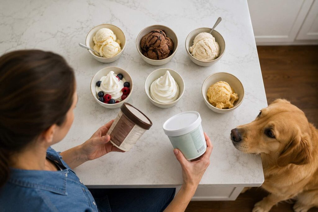 Different frozen desserts displayed side by side while a dog owner checks their ingredients.