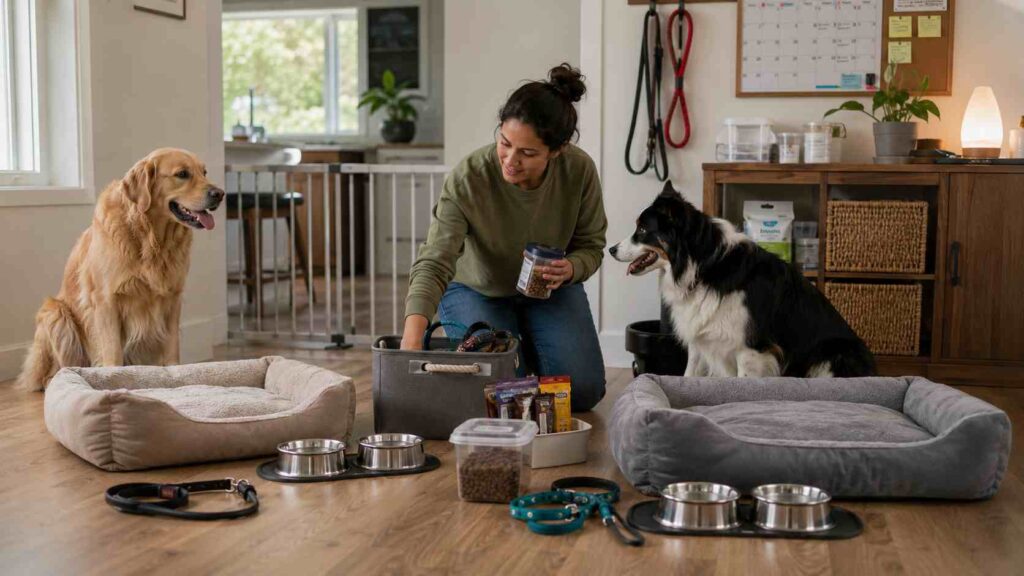 Dog owner preparing separate beds, feeding areas, training supplies, and household space for two dogs.