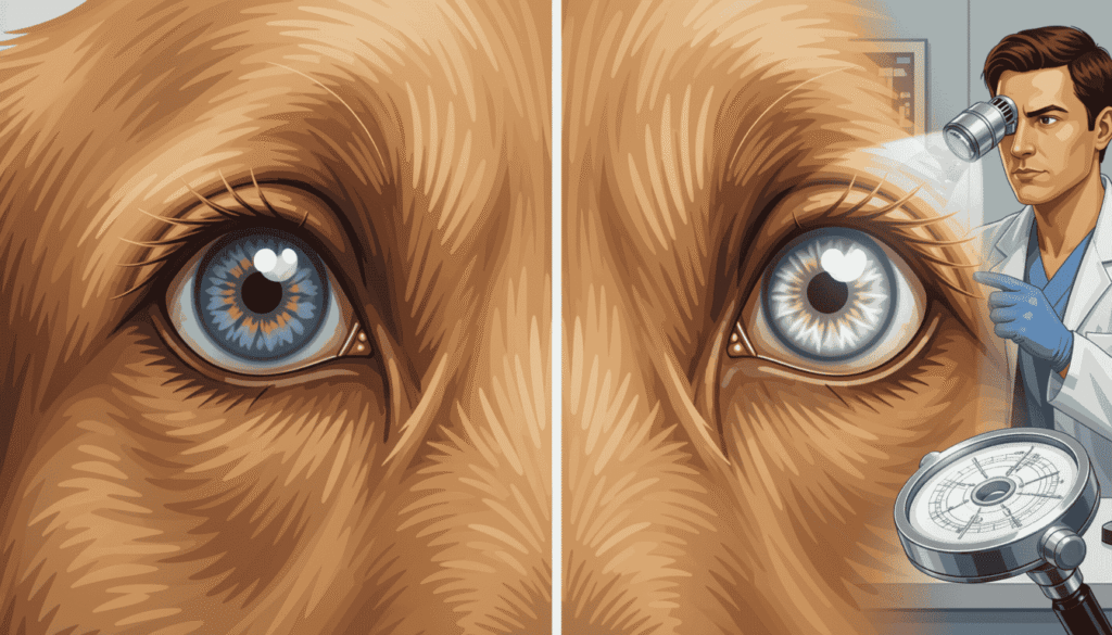 Nuclear sclerosis and cataracts comparison in senior dog eyes during a veterinary eye examination