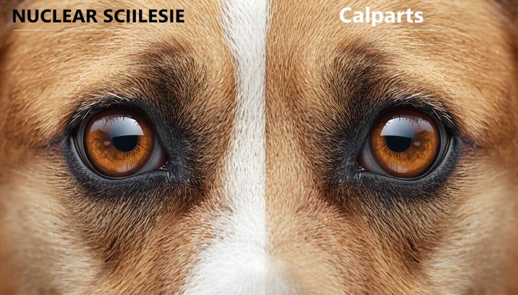 Side-by-side comparison of nuclear sclerosis and cataracts in a dog's eye