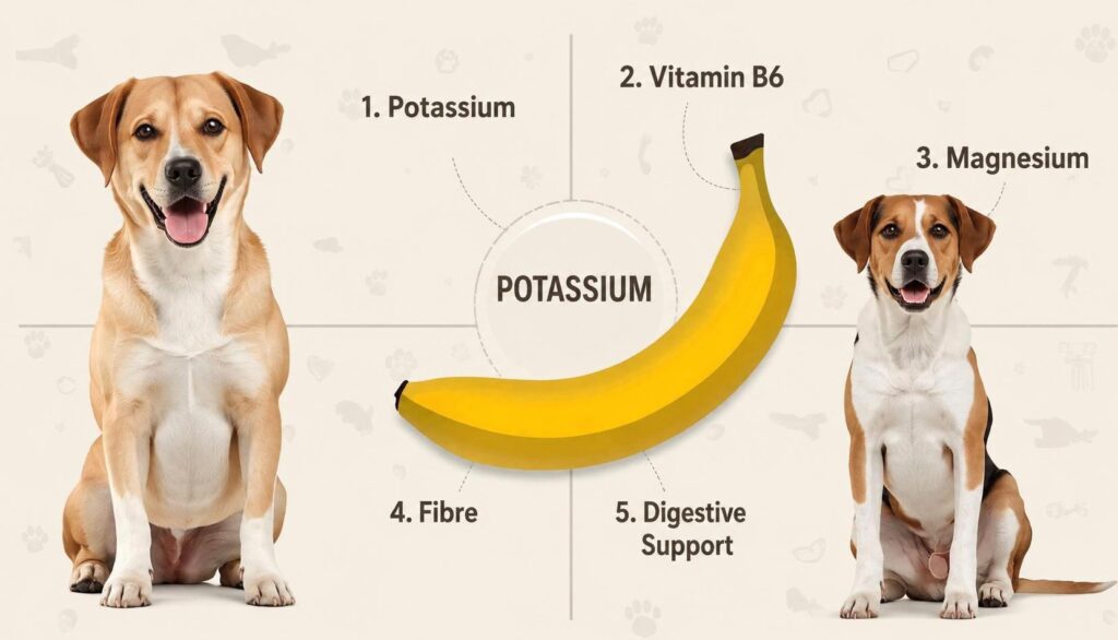 Banana nutrition infographic showing potassium vitamin B6 magnesium and fibre benefits for dogs