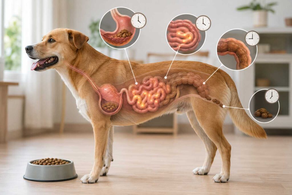 Dog digestive system showing stomach emptying, nutrient absorption, intestinal transit, and elimination as different stages.