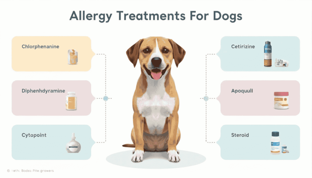 Veterinary comparison infographic showing Piriton and other common allergy treatment options for dogs.