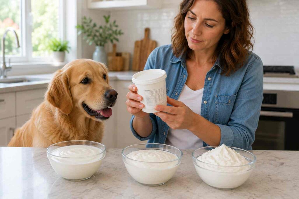 Dog owner checking the ingredient label on different types of yogurt