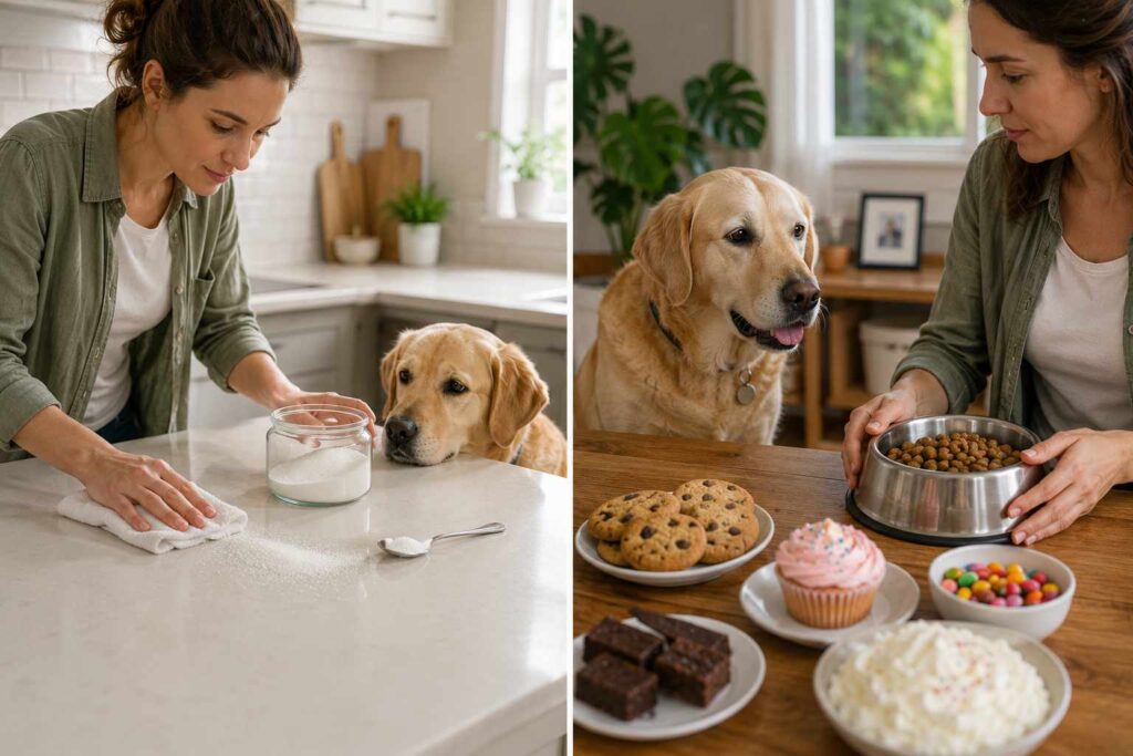 Dog owner cleaning up spilled table sugar while choosing balanced dog food instead of sugary human treats.