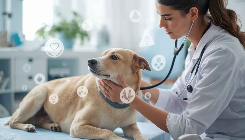 Veterinarian examining a pregnant dog for possible pregnancy complications