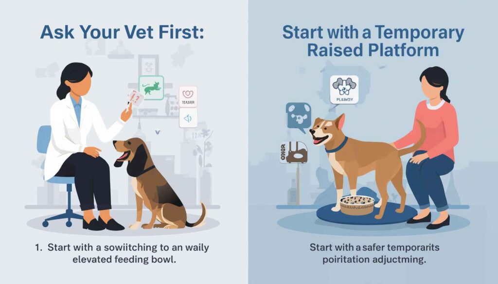 Dog owner consulting a veterinarian and testing a temporary raised feeding platform for their dog
