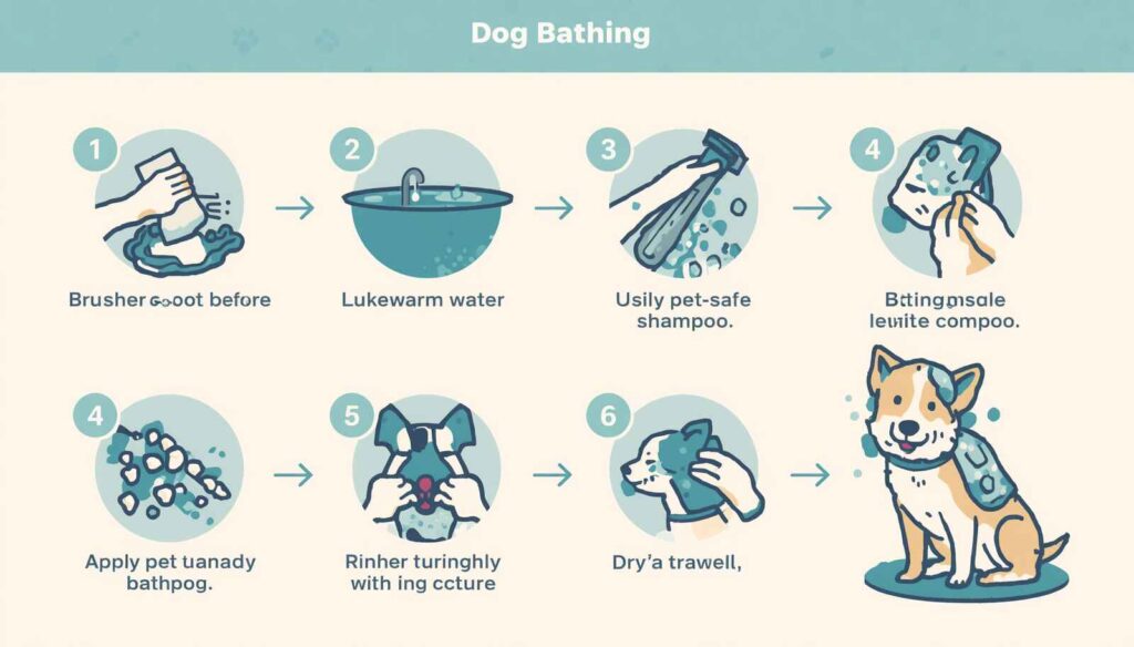 Step-by-step dog bathing routine including brushing shampooing rinsing and towel drying
