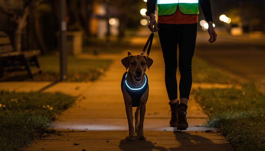 Dog walking safely at night with reflective gear and owner supervision
