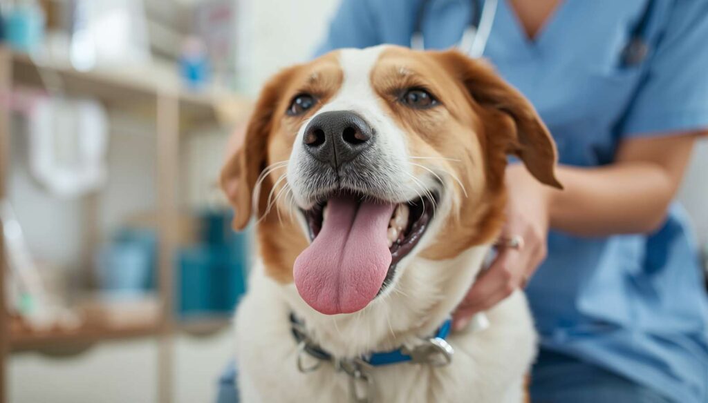 Healthy dog with tongue out near fresh water dental care supplies and a caring owner