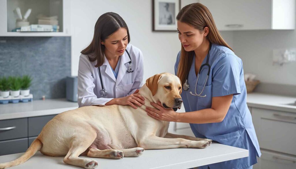 Veterinarian explaining common pregnancy complications in dogs to a concerned pet owner