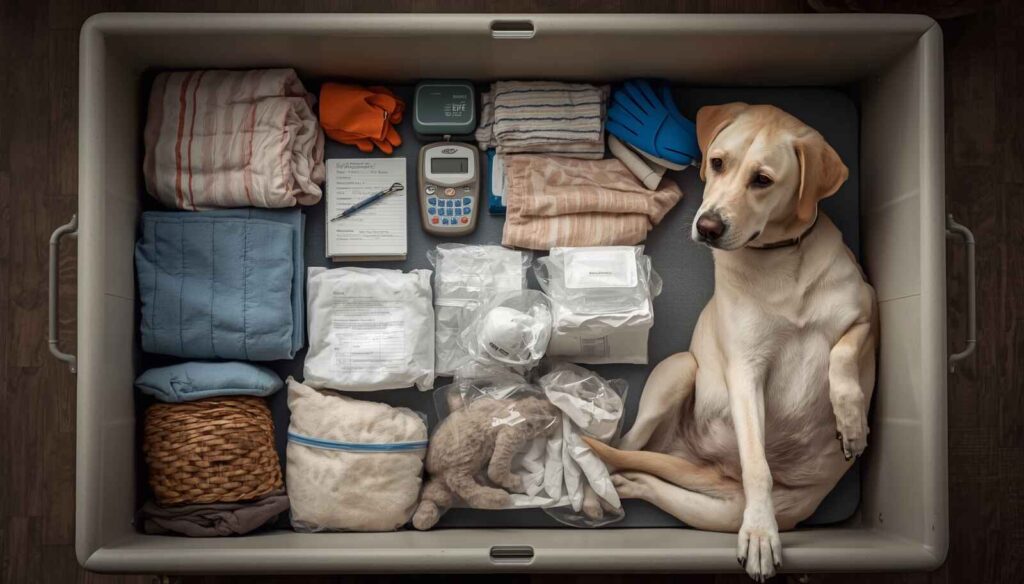 Whelping box prepared with essential supplies before a pregnant dog goes into labour