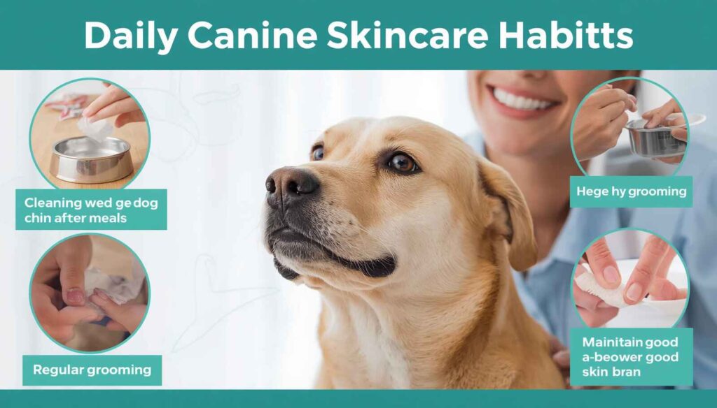 Healthy dog with clean skin alongside grooming hygiene and food bowl cleaning routines