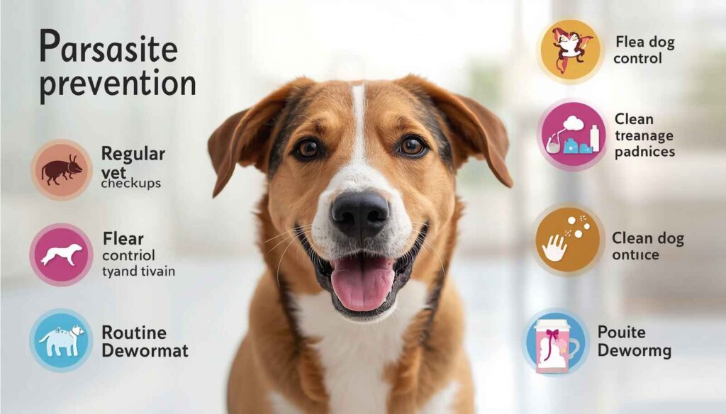 Healthy dog receiving preventive care including flea control and routine vet visits