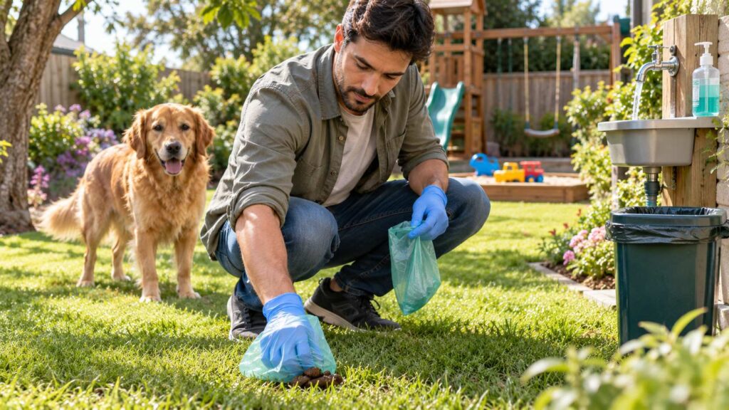 Dog owner wearing gloves and using a waste bag to remove dog poop from a clean backyard.