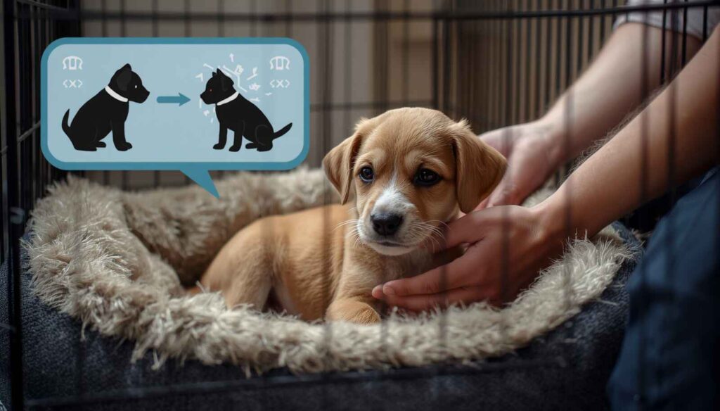 Young puppy resting in a bed at night while receiving reassurance from its owner