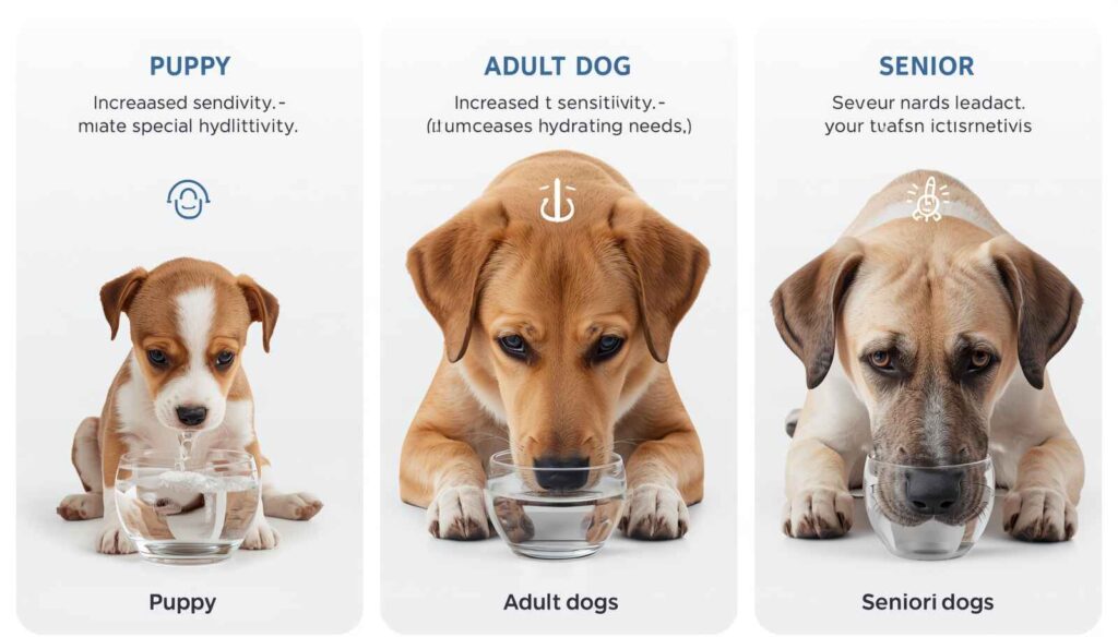 Puppy adult dog and senior dog drinking water with hydration and health icons