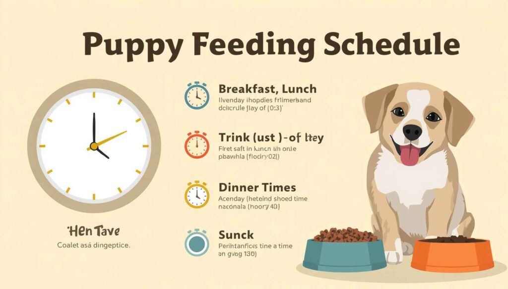 Daily puppy feeding schedule with meal times and food bowls